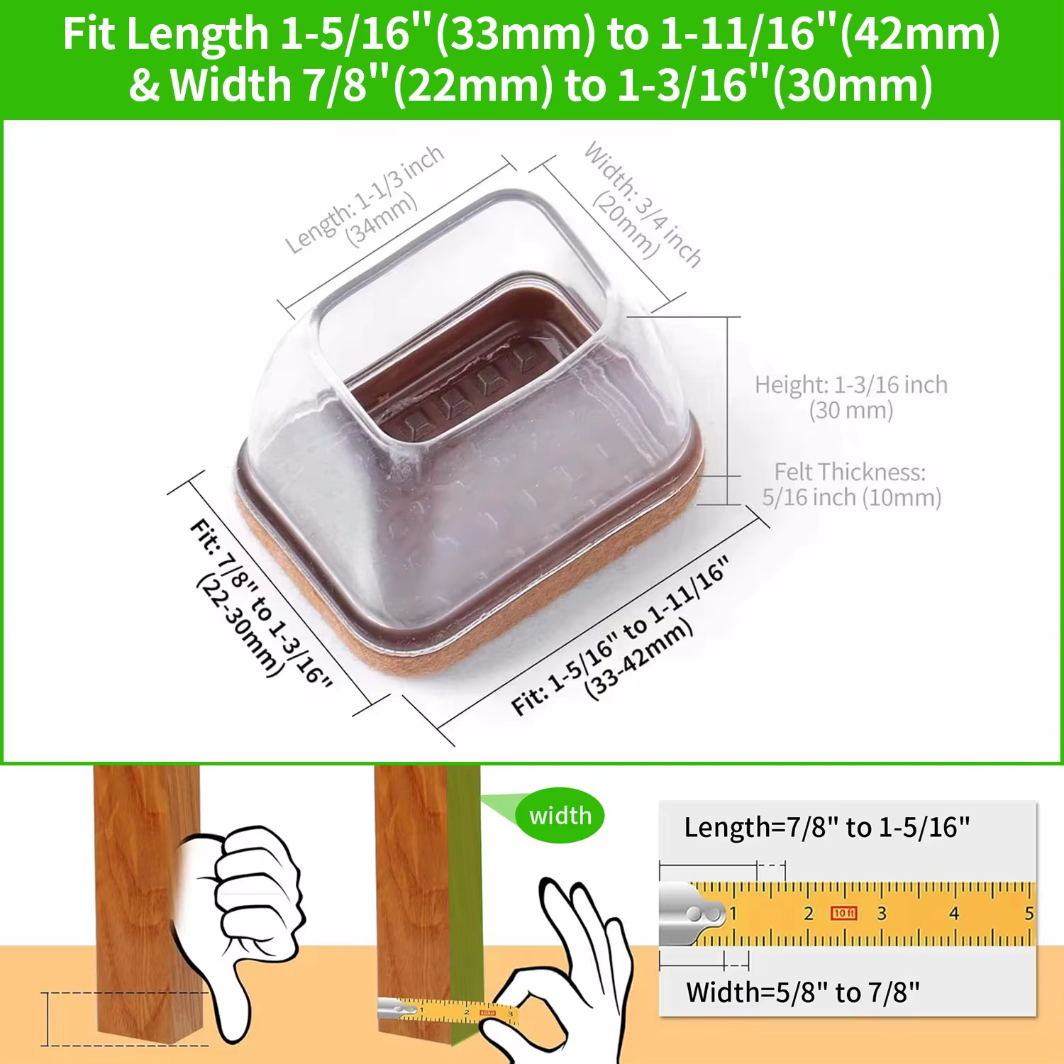 8PCS Silicone Chair Leg Floor Caps Protectors Rectangle with Felt Foot Cover End Caps Covers width 22-32mm for hardwood Table
