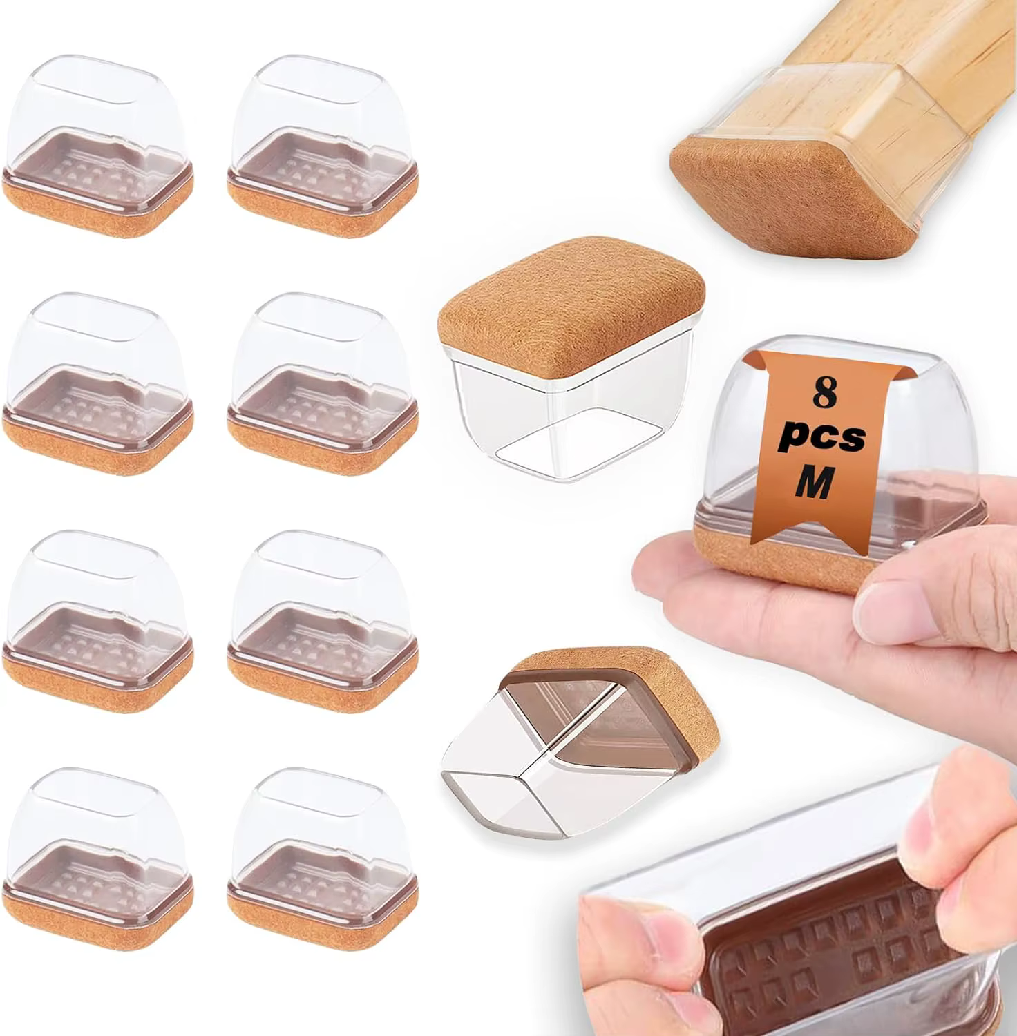8PCS Silicone Chair Leg Floor Caps Protectors Rectangle with Felt Foot Cover End Caps Covers width 22-32mm for hardwood Table